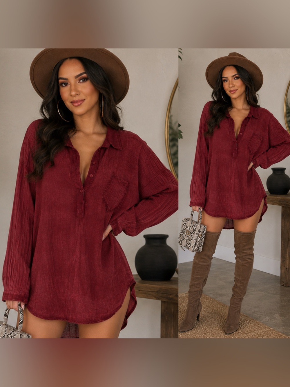 . Touch Dolls Burgundy Long Sleeve Libson Pocket Shirt Dress